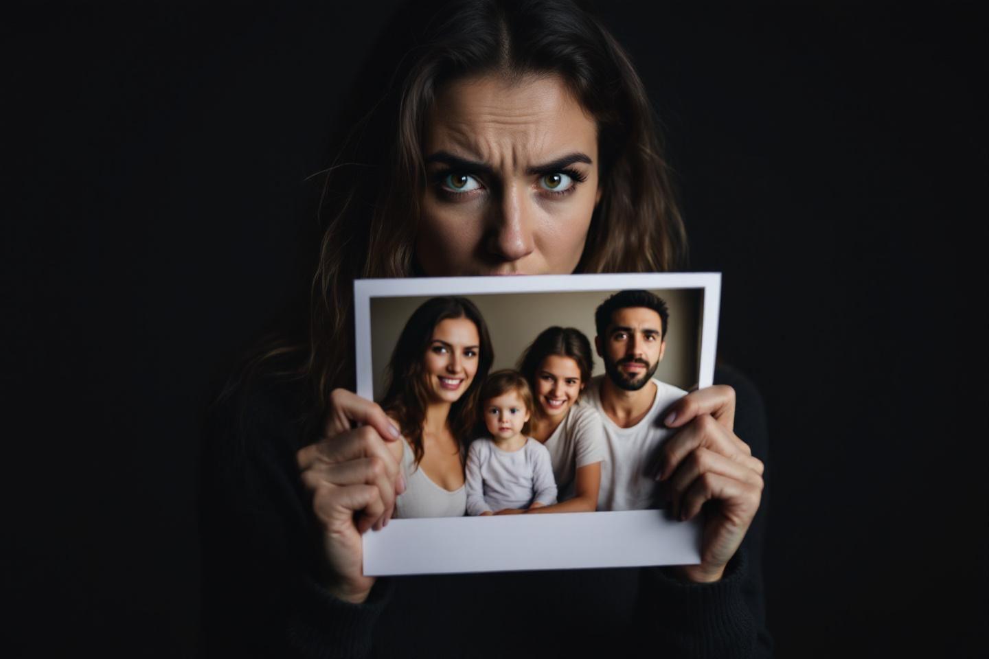 Femme en colère tenant une photo de famille devant elle