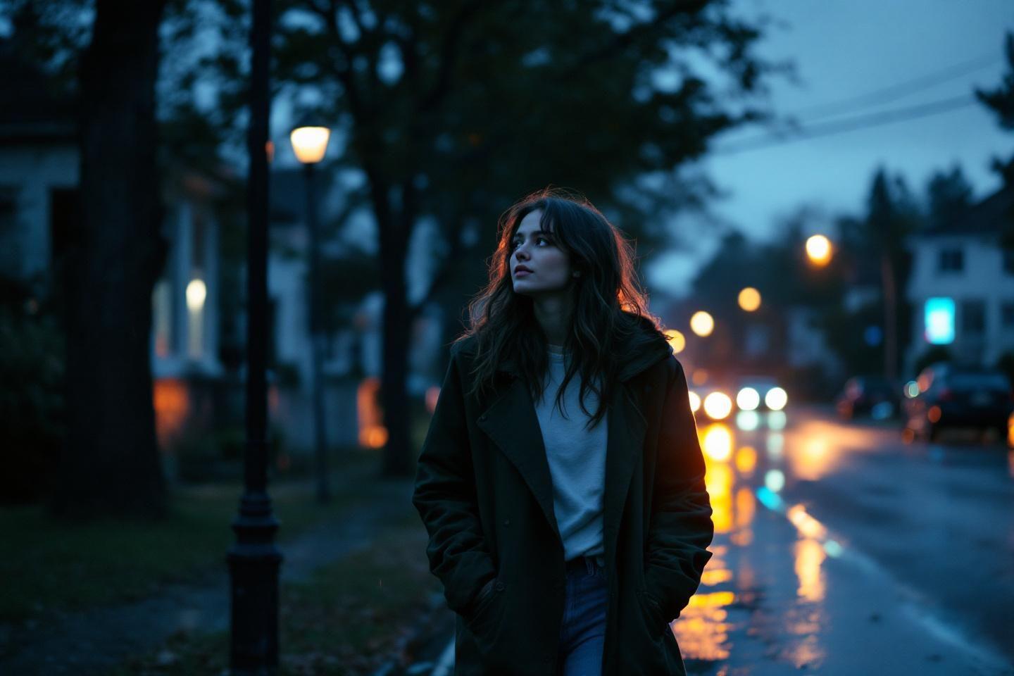 Femme pensive dans la rue sombre avec lampadaires allumés