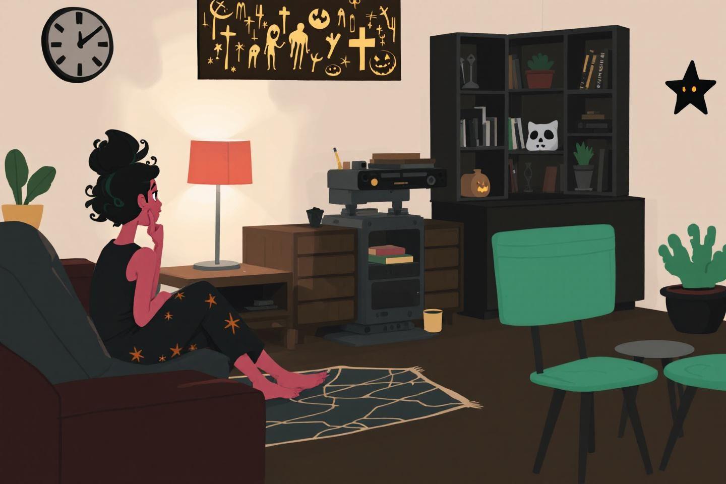 Intérieur cosy sombre avec silhouette, lampe rouge et objets décoratifs