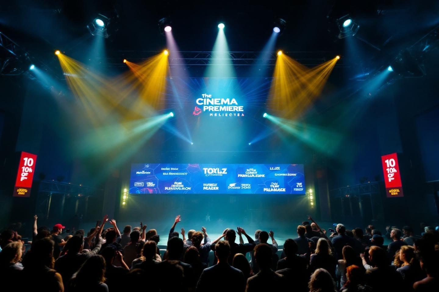 Scène de cinéma avec écran, projecteurs et public enthousiaste