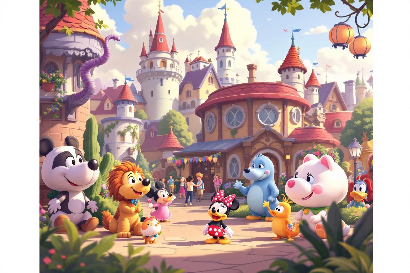 Animaux mignons devant un château coloré et fantastique