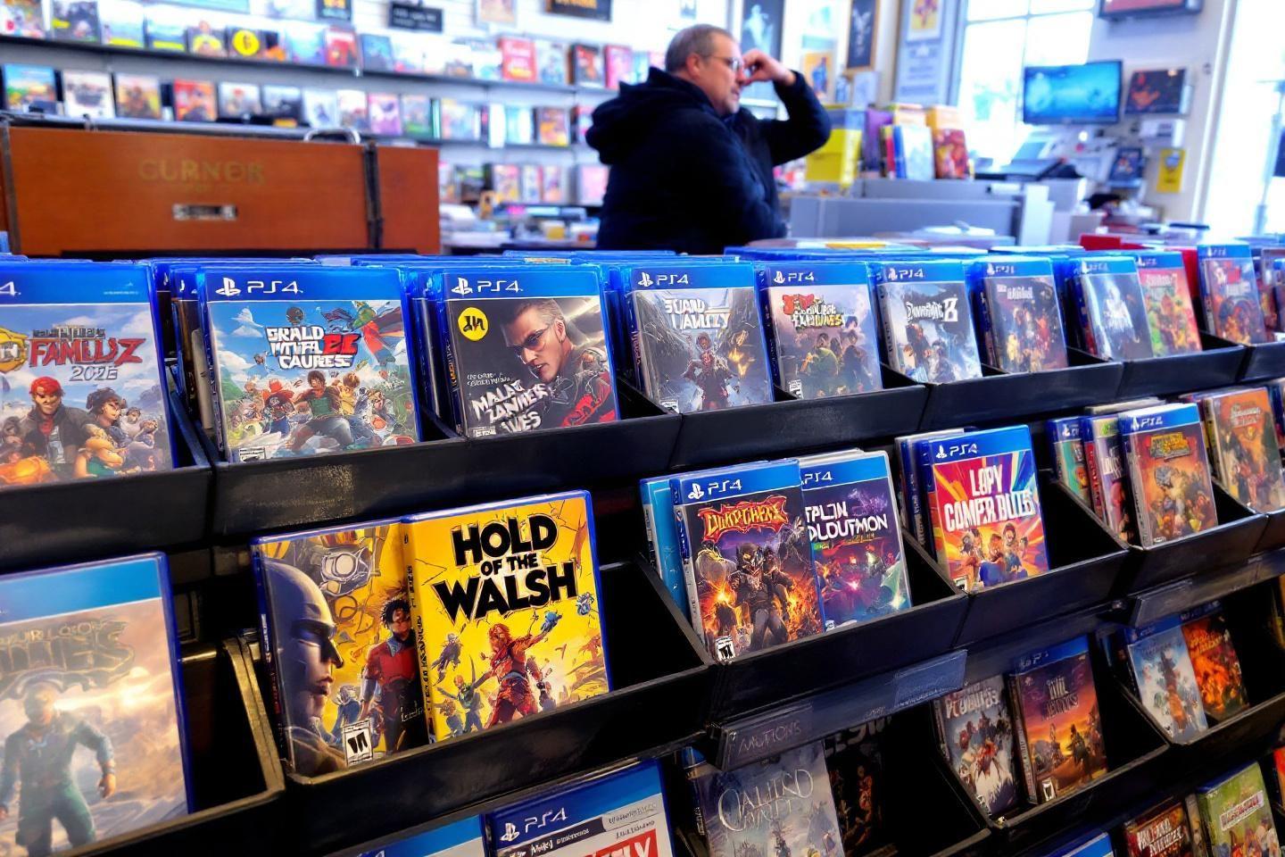 Étagères de jeux PS4 avec client en arrière-plan