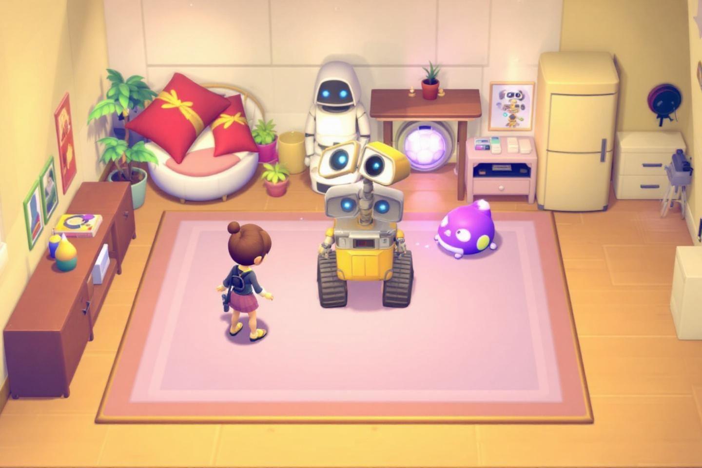 Robots et personnage animé dans un intérieur chaleureux et lumineux