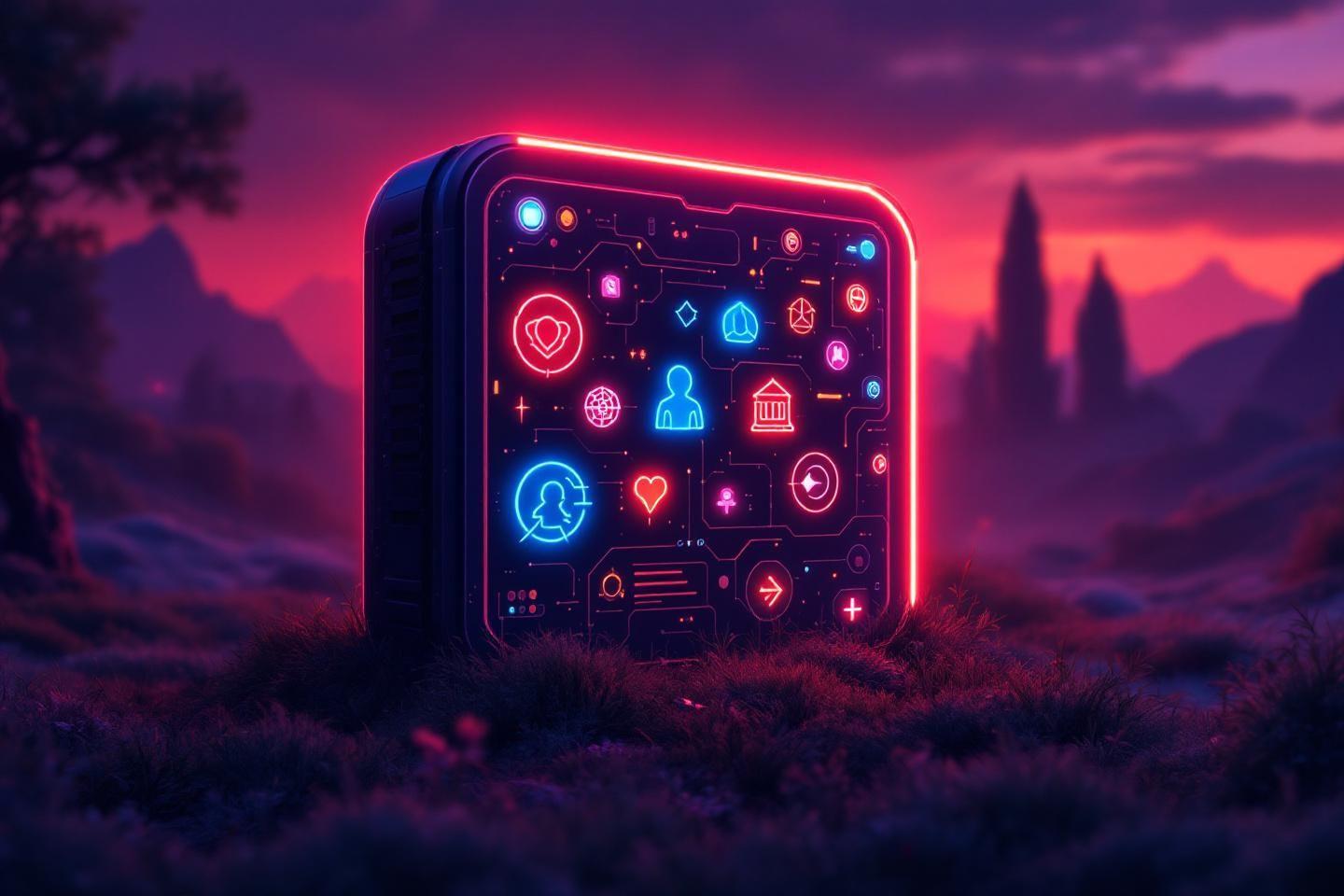 Tablette lumineuse avec icônes high-tech sur paysage mystérieux