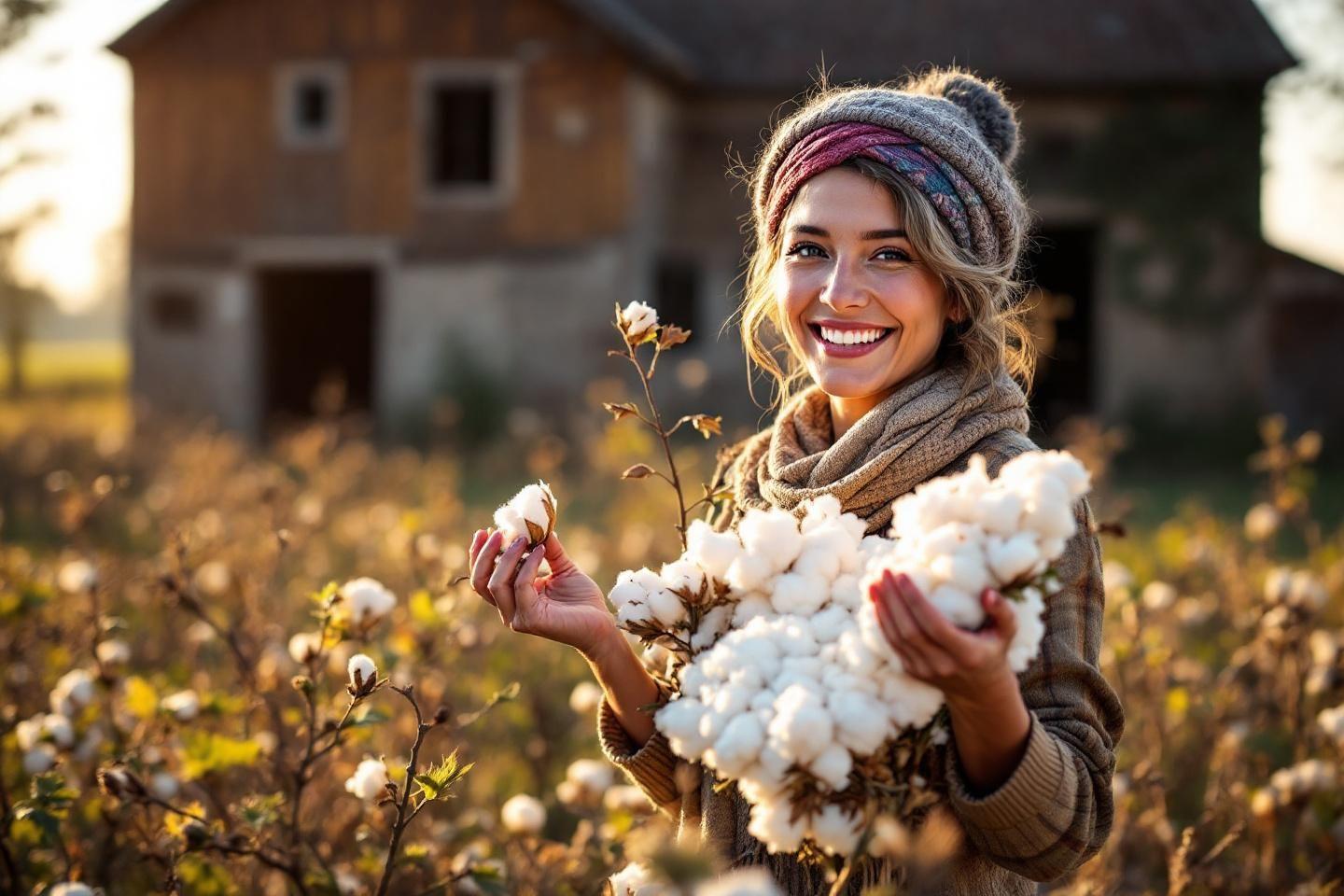 Femme heureuse dans un champ de coton avec une grange