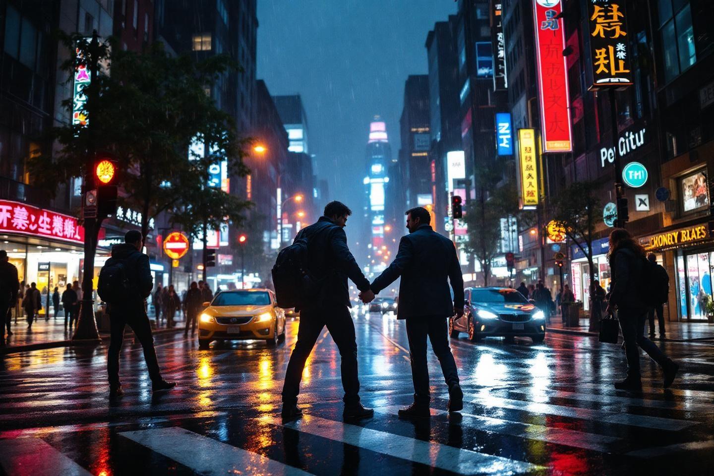 Deux silhouettes sur un passage piéton humide et lumineux