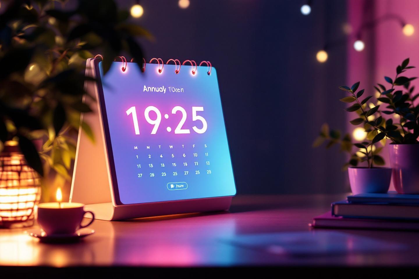 Calendrier digital bleu-rose avec horloge et lumières douces