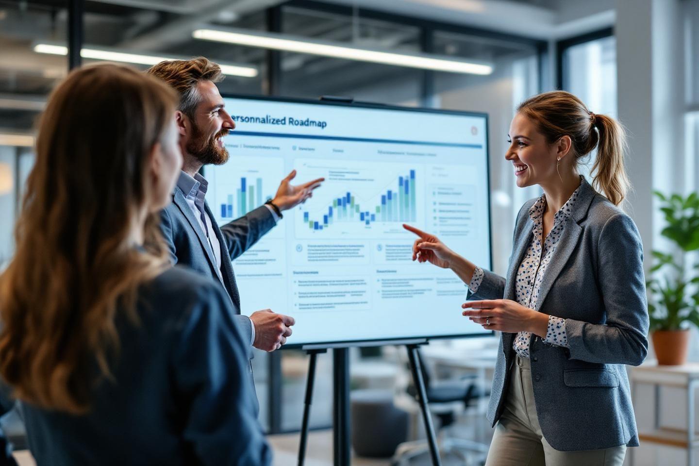 Professionnels discutant des graphiques de performance dans un bureau moderne