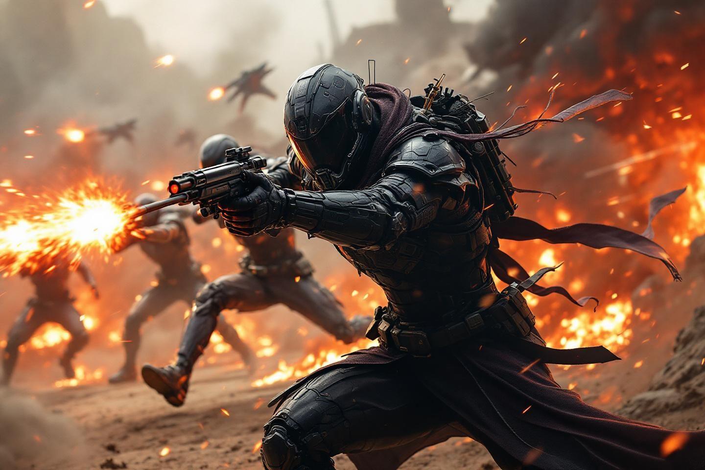 Soldat cyber en armure noire tirant dans un champ de bataille