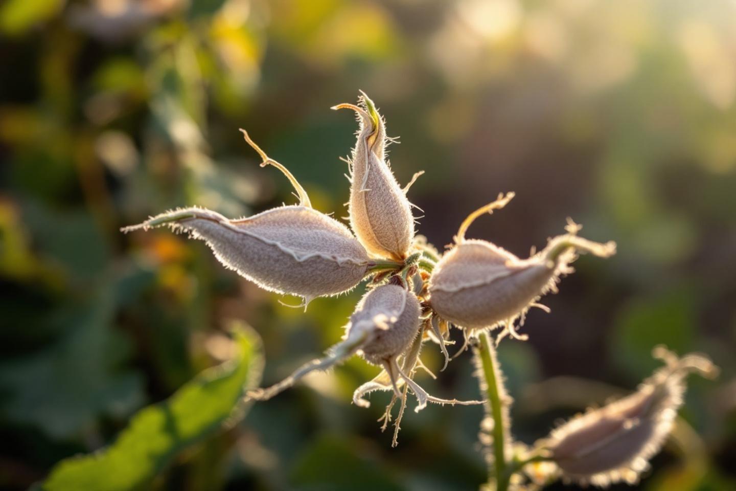 Gousses sèches velues au soleil avec arrière-plan végétal