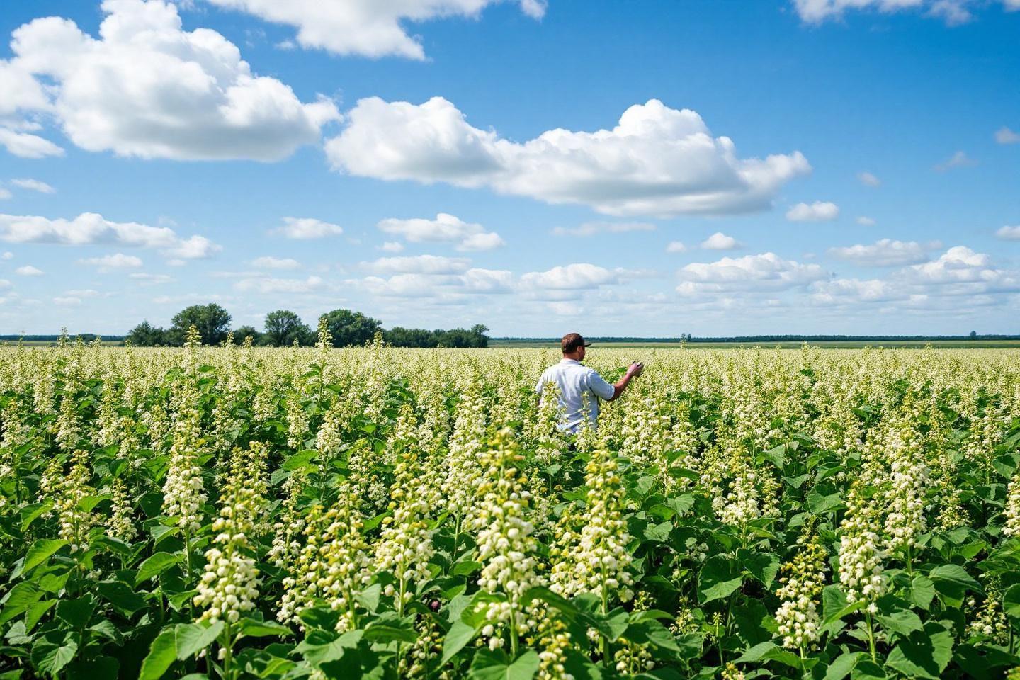Personne dans un champ vert sous un ciel nuageux