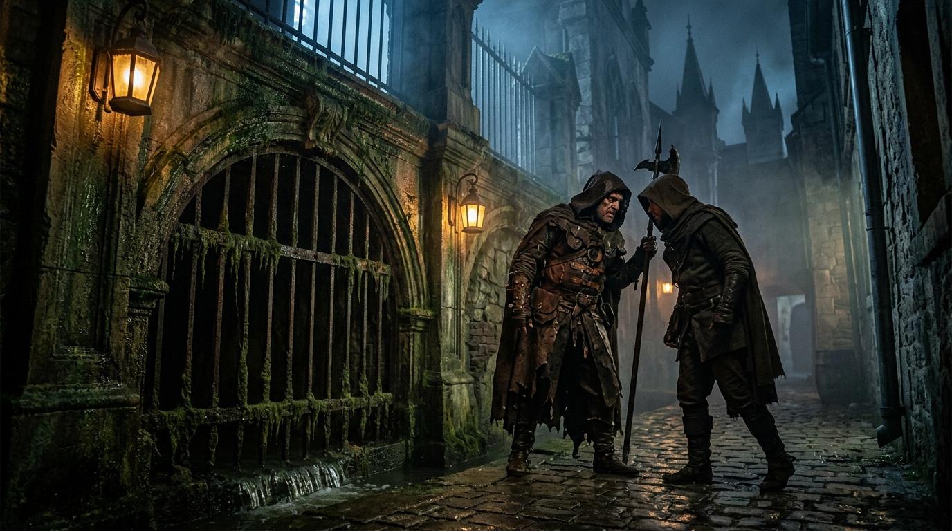 Deux guerriers en armure discutent dans une ruelle médiévale illuminée