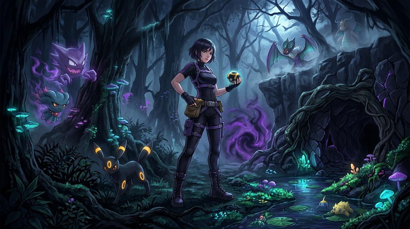 Jeune dresseur entourée de créatures fantastiques dans une forêt enchantée