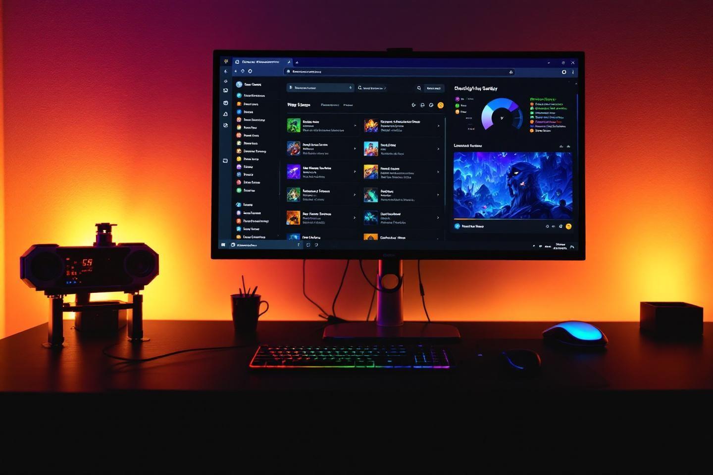 Écran de jeu avec clavier RGB et ambiance orange