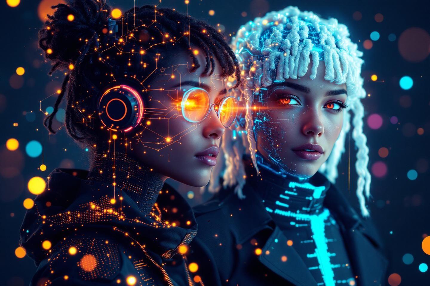 Deux figures cybernétiques aux reflets technologiques bleus et orangés
