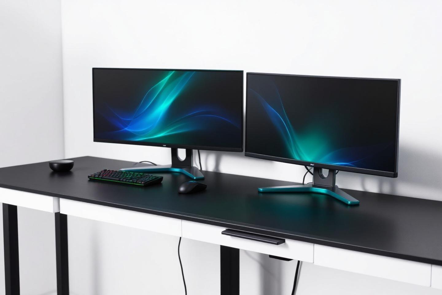 Deux écrans sur bureau noir avec clavier RGB