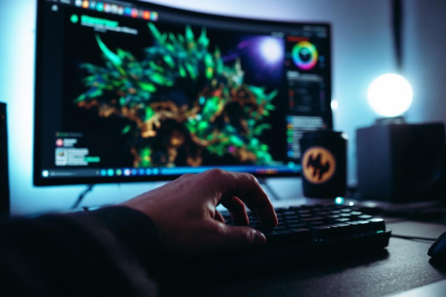 Main sur clavier devant écran avec graphisme vert et noir