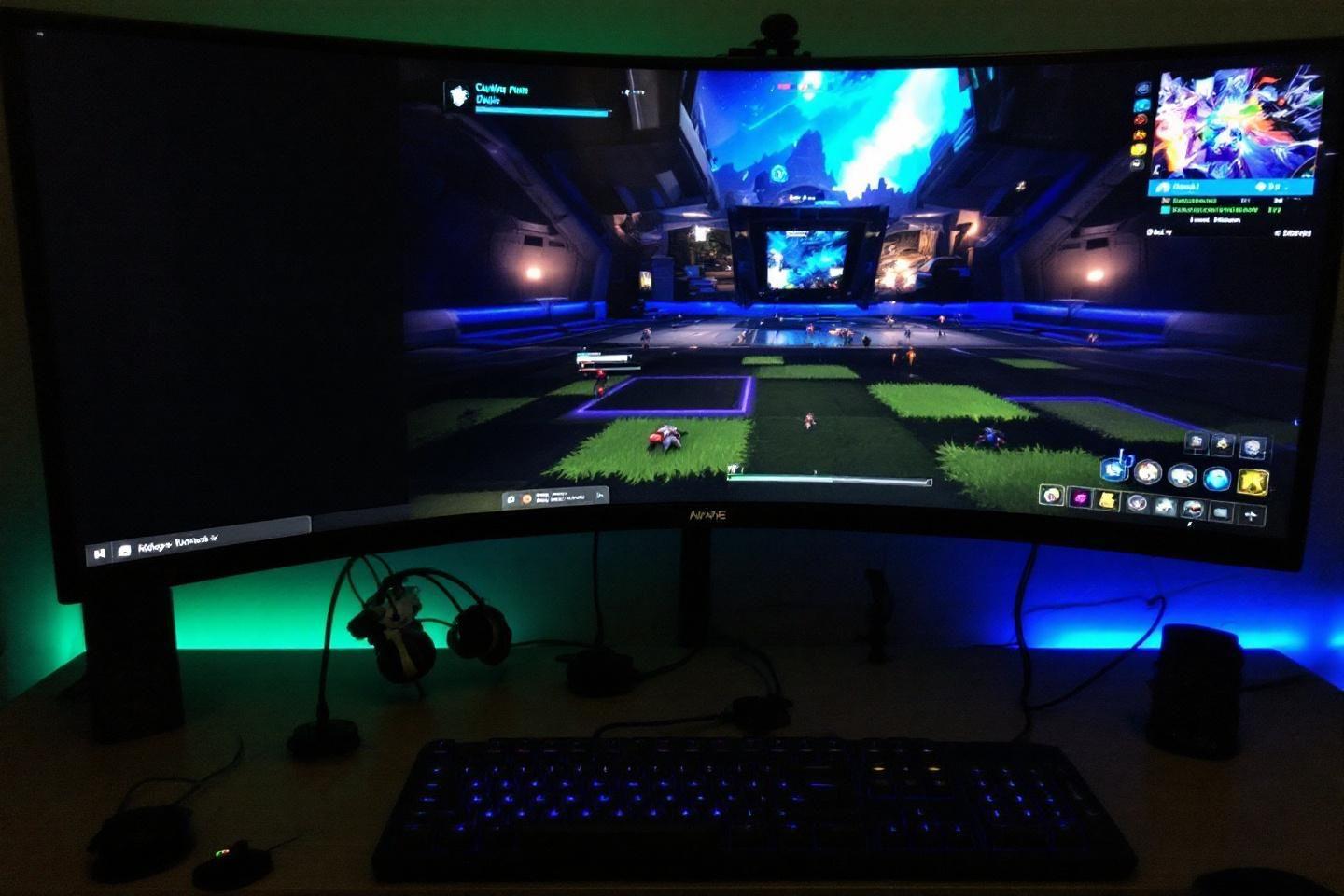 Écran large de jeu avec éclairage RVB bleu et vert