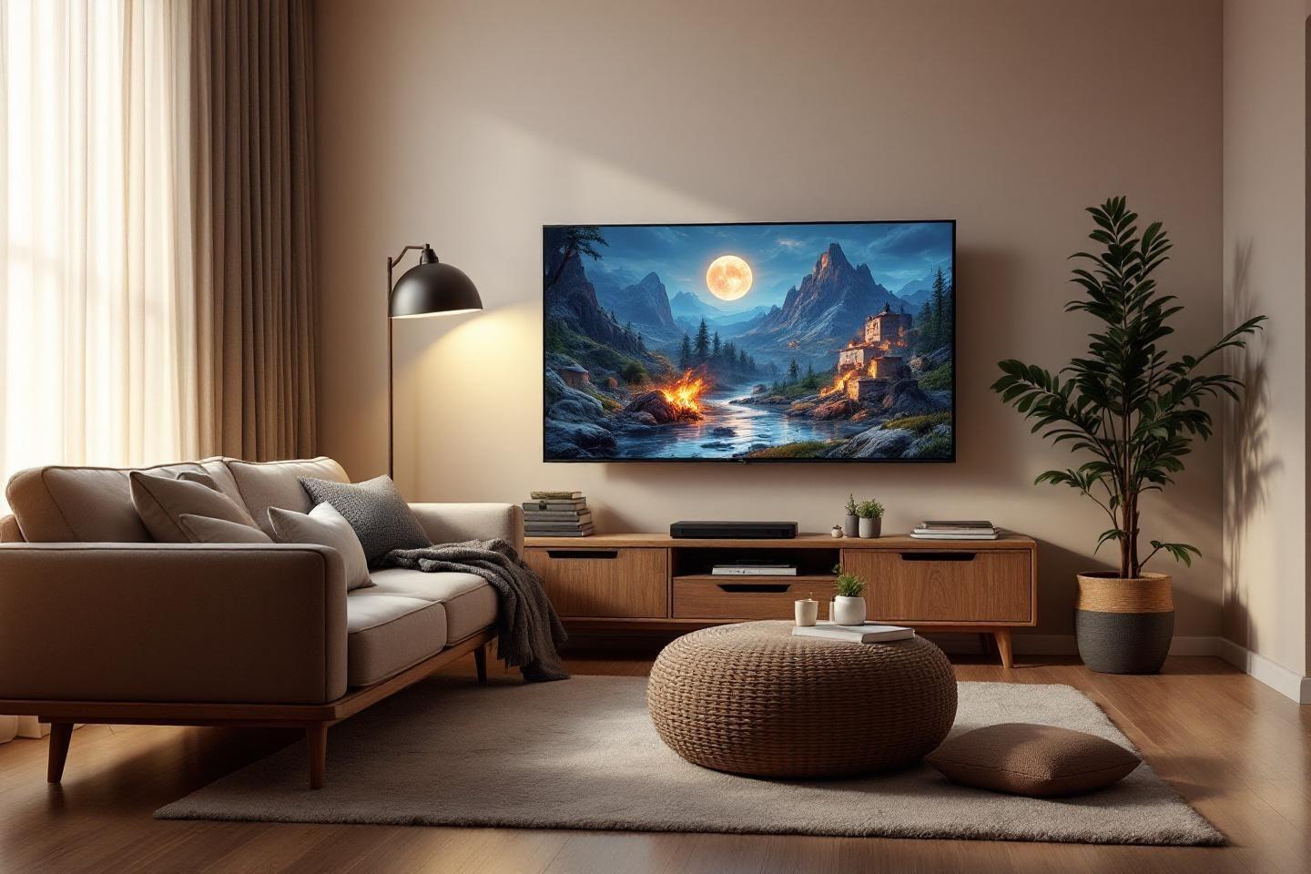 Intérieur design avec écran, canapé et plante verte