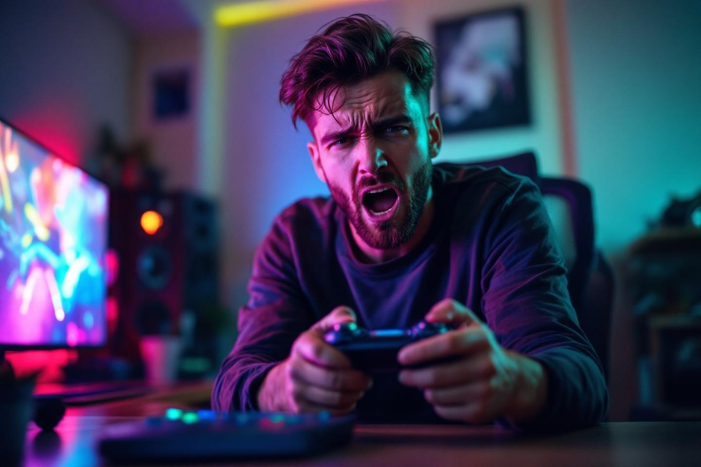 Un homme en colère crie en jouant à un jeu vidéo