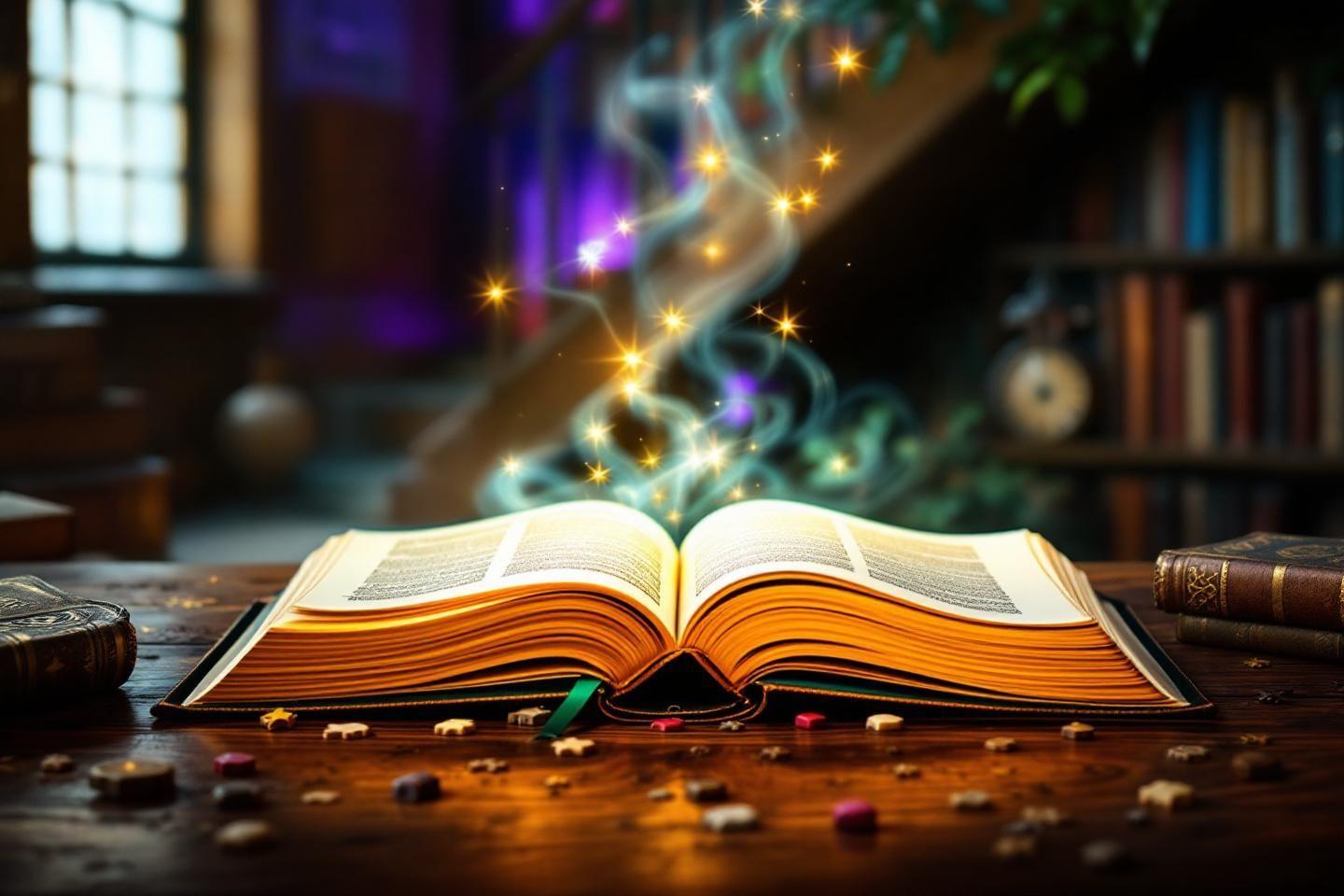 Livre ouvert avec étoiles magiques s'élevant des pages