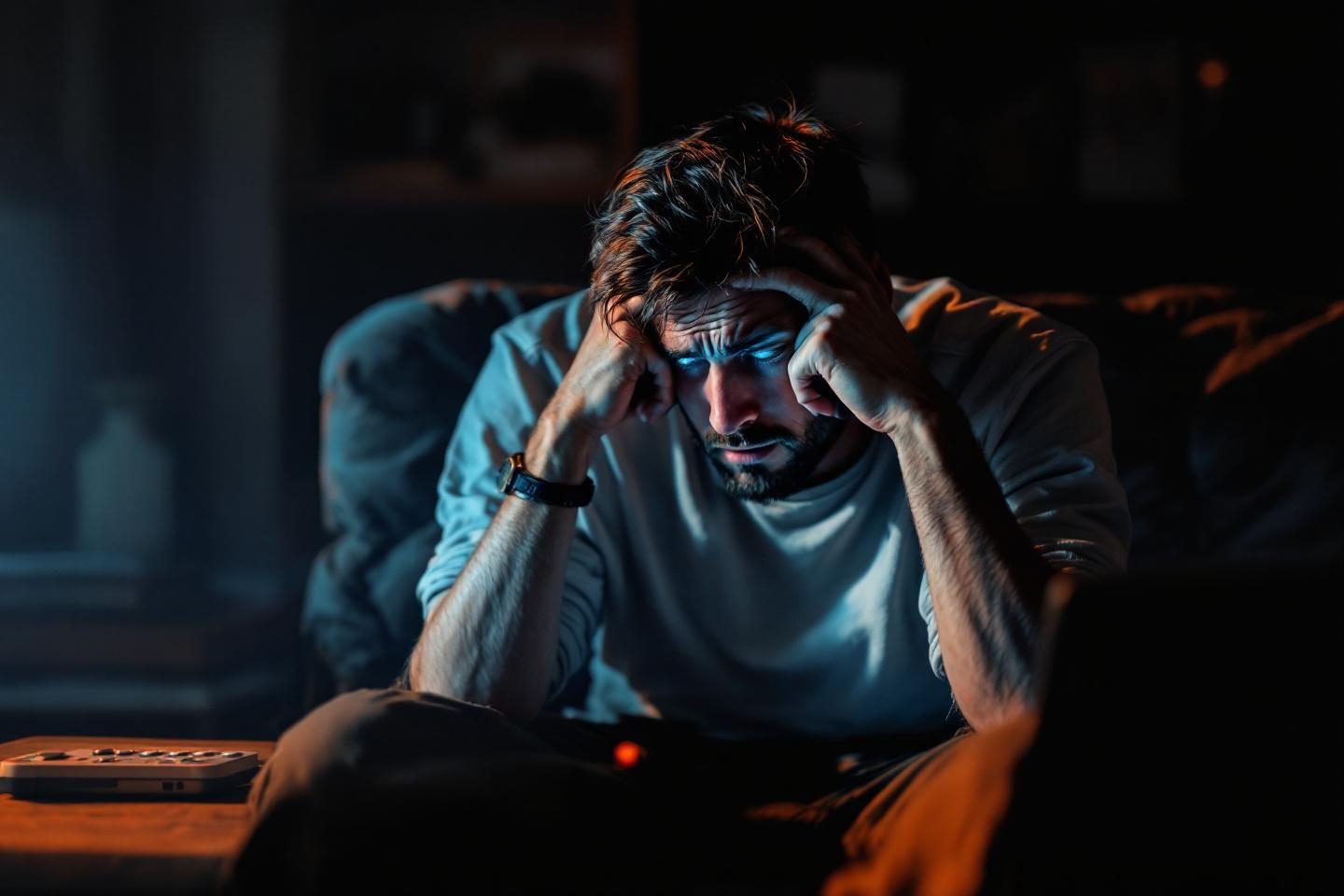 Homme épuisé, la tête entre les mains, travaillant tard