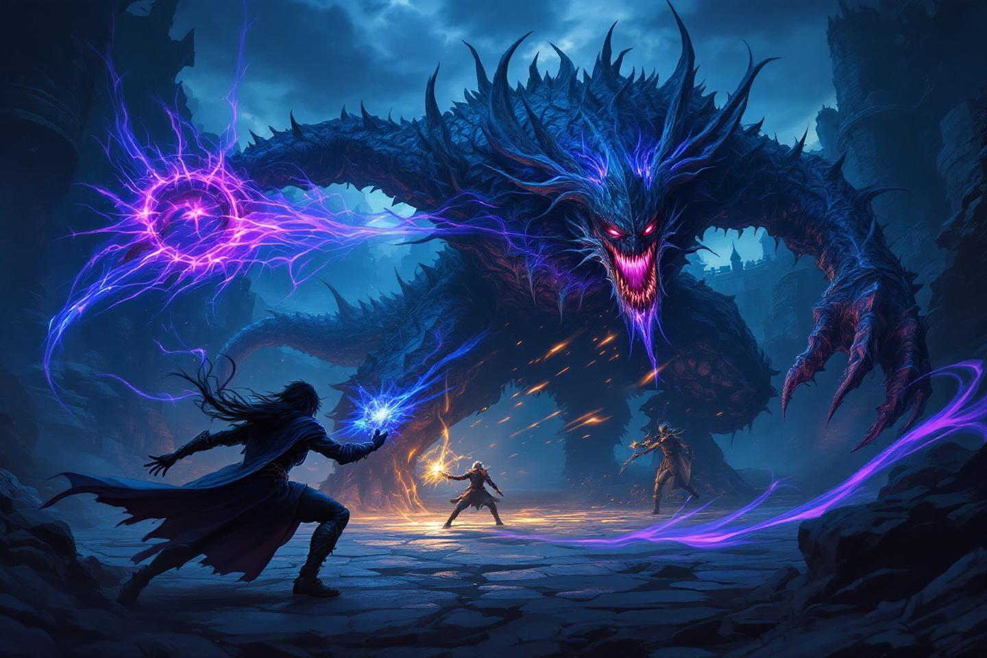 Guerriers affrontent dragon mystique bleu électrique dans paysage sombre