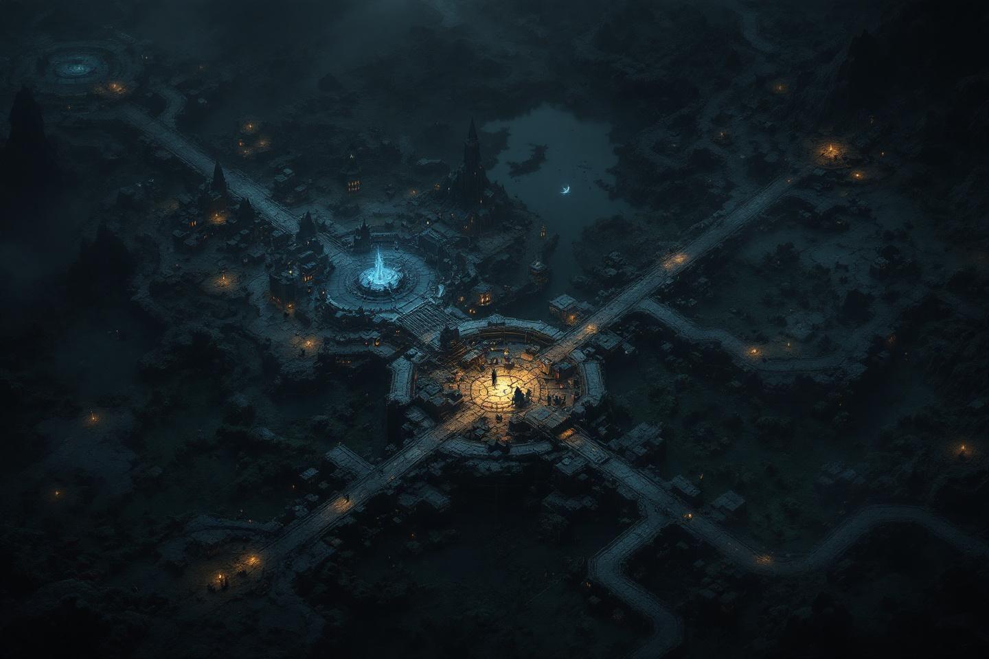 Vue aérienne d'une ville sombre avec des points lumineux centraux
