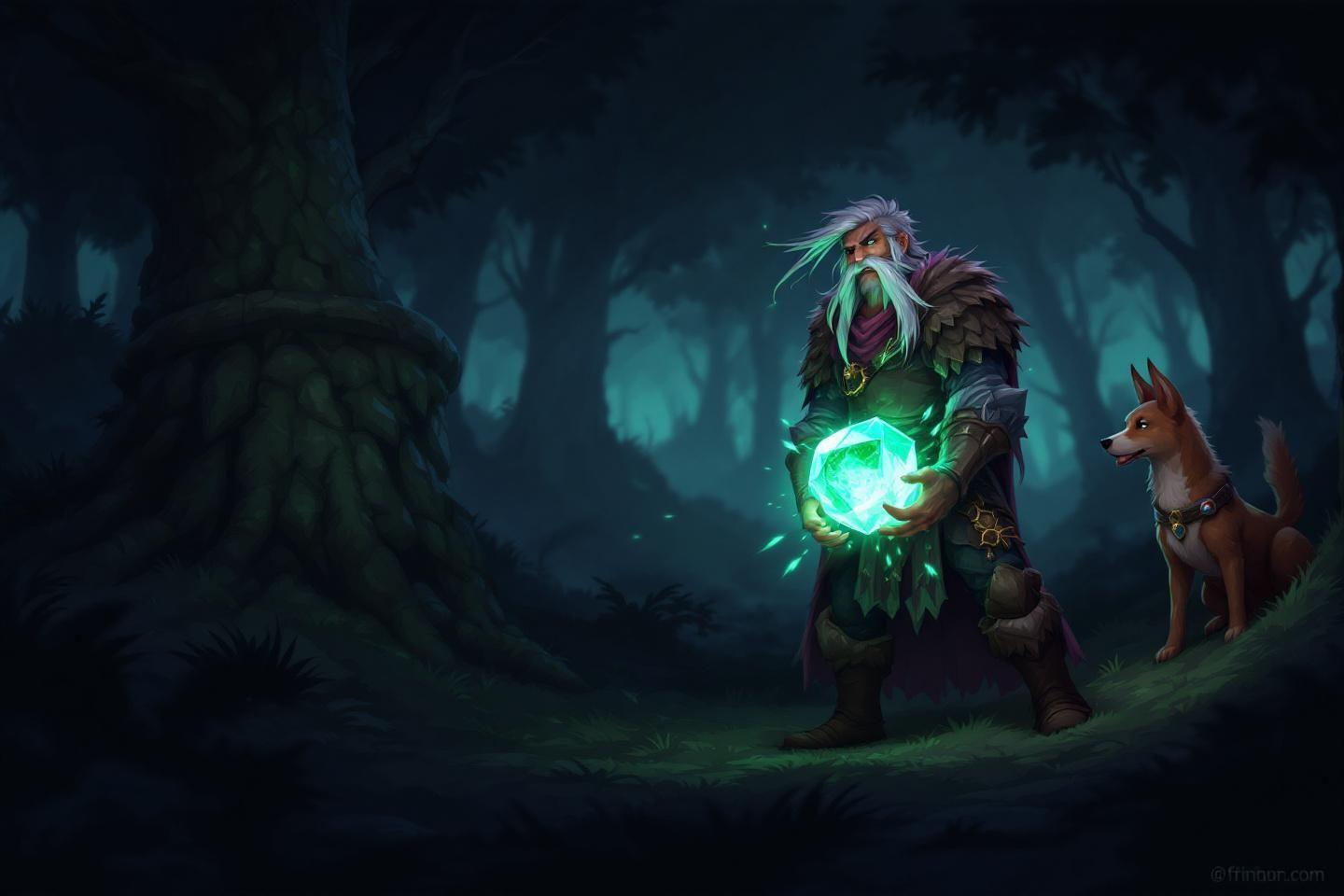 Vieil homme avec boule verte magique et renard dans for&ecirc;t myst&eacute;rieuse