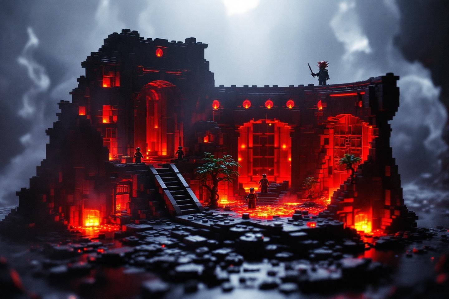 Bâtiment en LEGO noir et rouge dans une atmosphère sombre