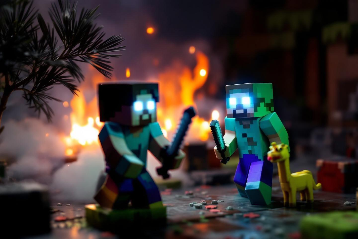 Personnages Minecraft pixelisés combattant devant un feu ardent