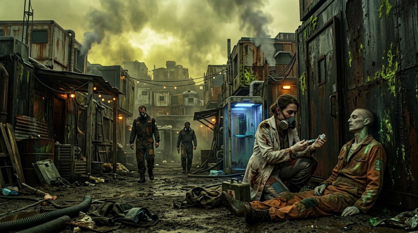 Scène post-apocalyptique avec personnages dans ruines industrielles