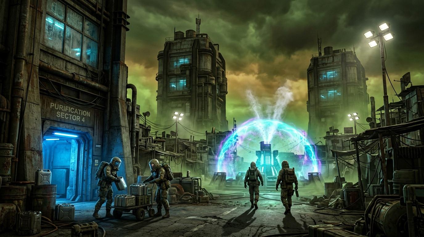 Soldats face à un portail luminescent dans une ville dystopique