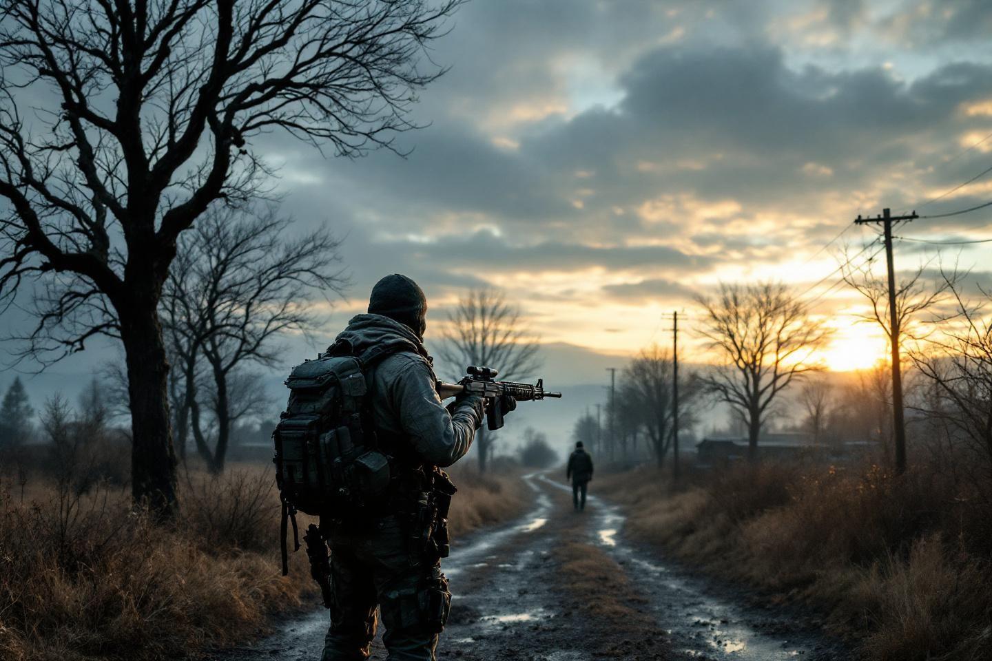 Militaire arm&eacute; regardant un distant horizon d&eacute;sert