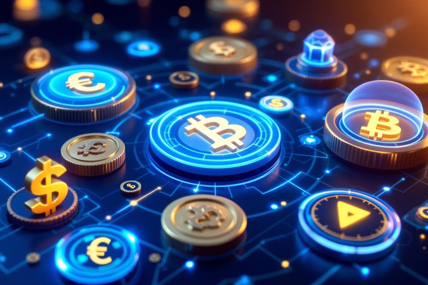Pièces de monnaie numériques avec symboles financiers sur réseau technologique
