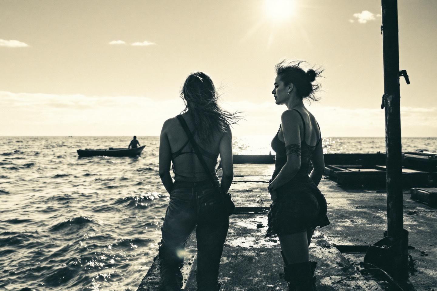 Deux silhouettes f&eacute;minines contemplant l'horizon marin