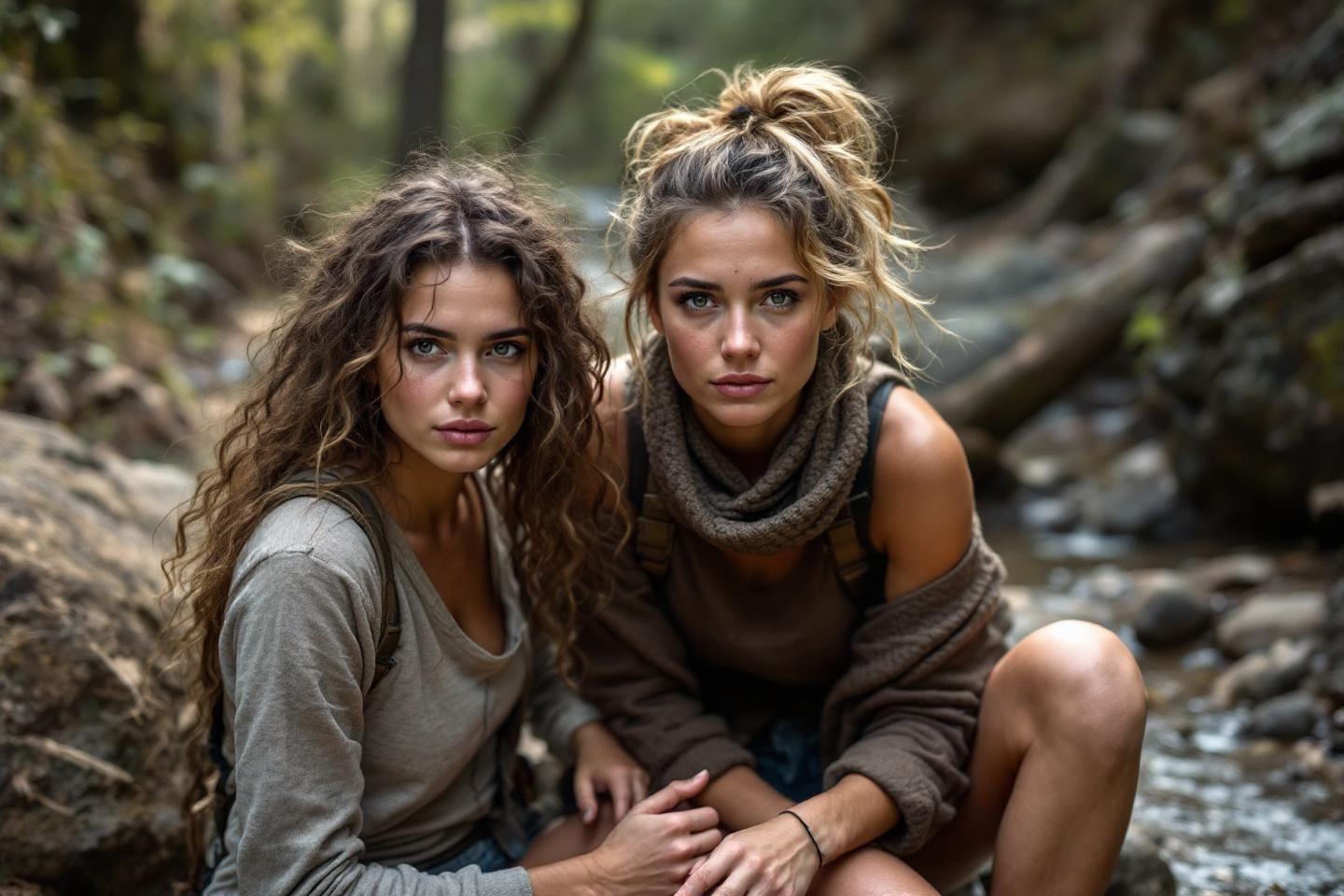 Deux jeunes femmes posant pr&egrave;s d'un ruisseau forestier