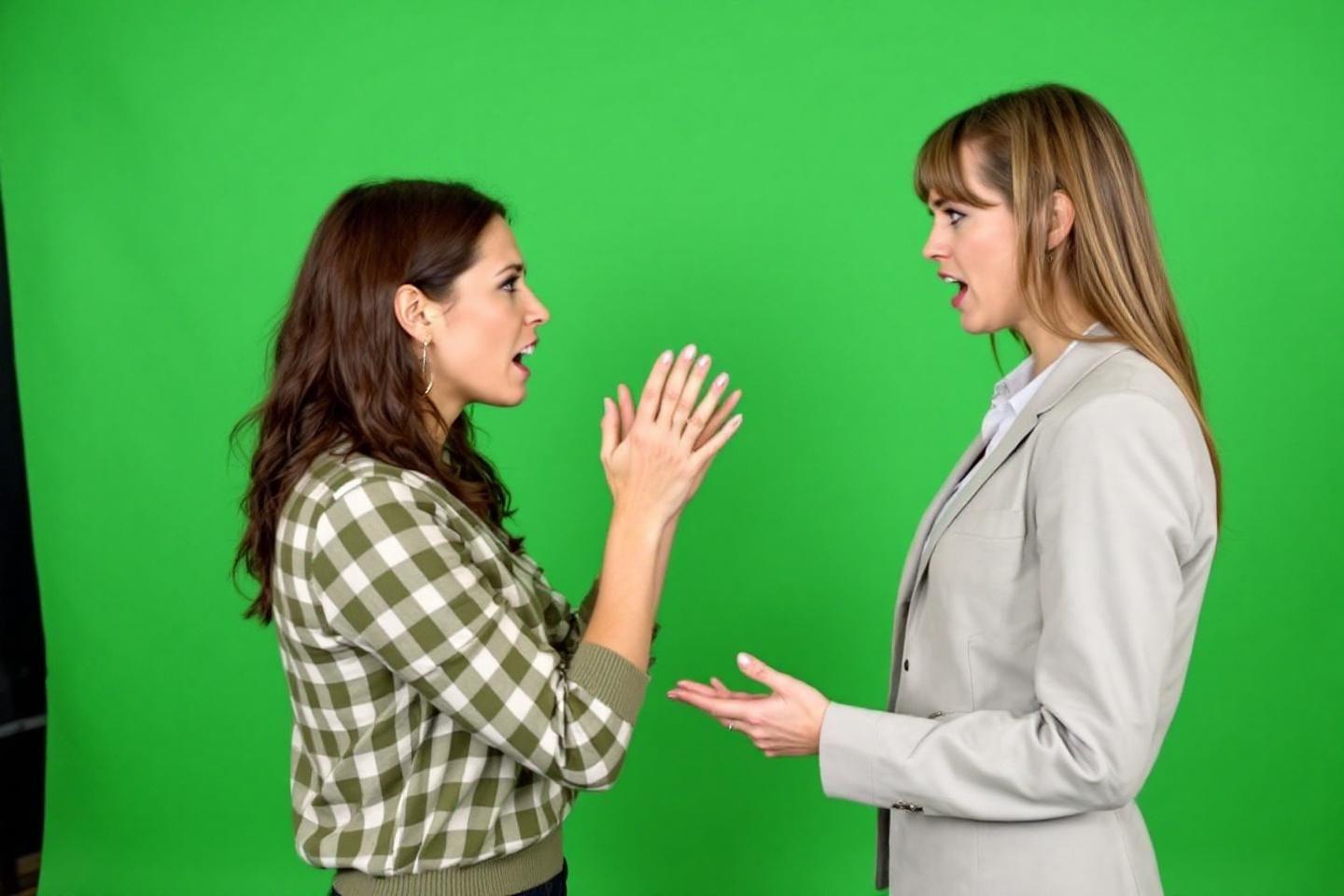 Deux femmes face &agrave; face, gestes expressifs, communication tendue