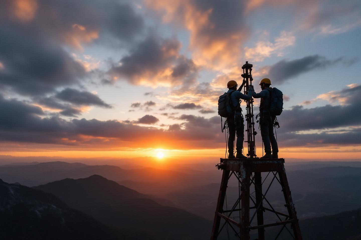 Deux travailleurs sur une tour au coucher du soleil montagneux