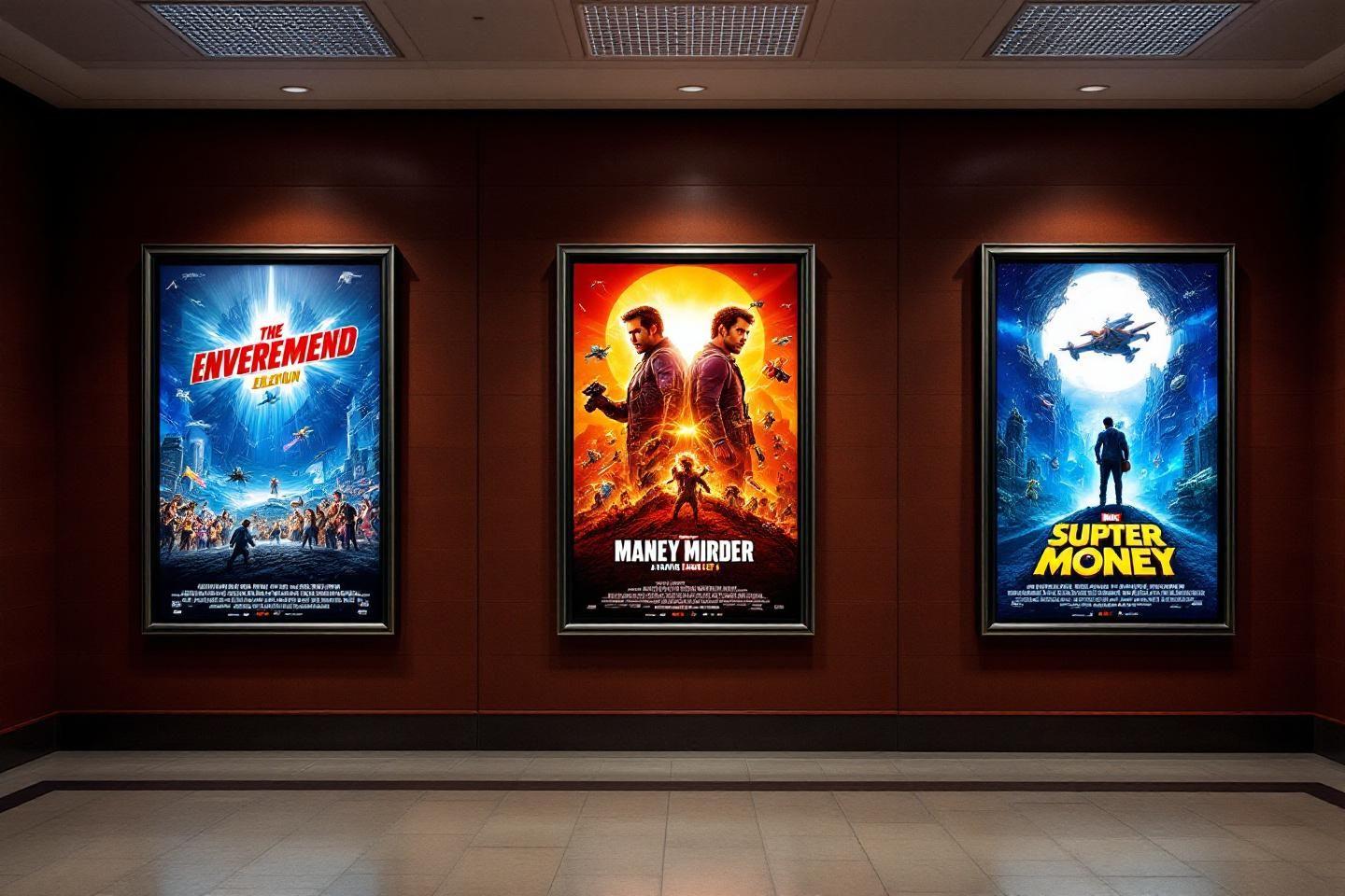 Trois affiches de films sur un mur rouge de cin&eacute;ma