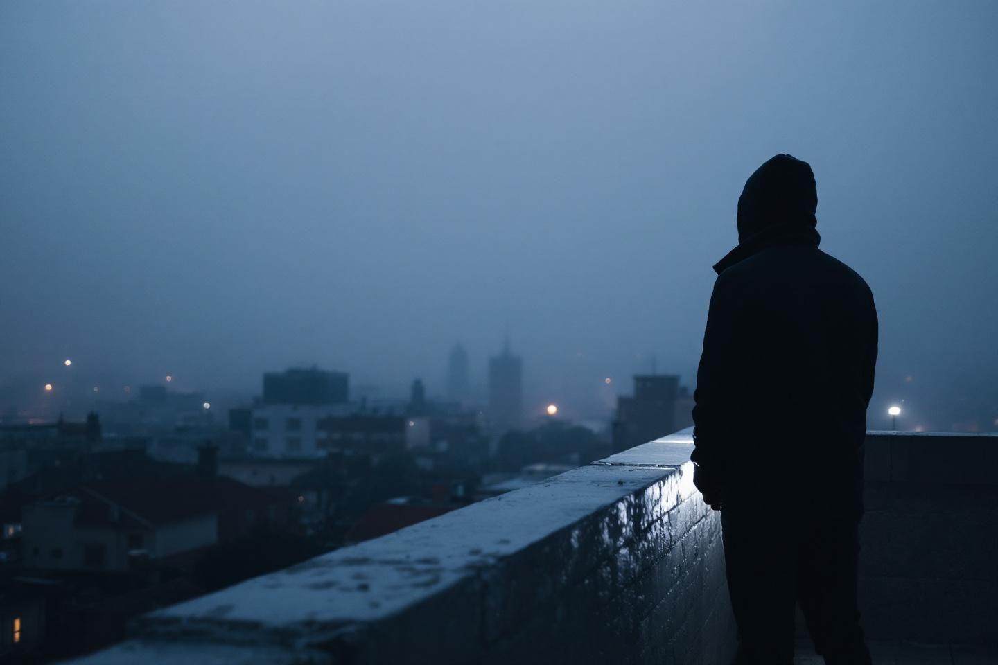 Silhouette sombre contemplant un paysage urbain dans le brouillard