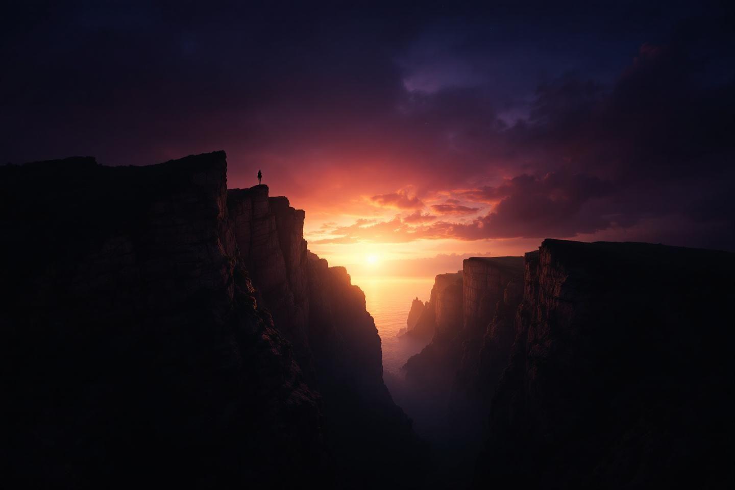 Falaises rocheuses profondes avec silhouette et lever de soleil