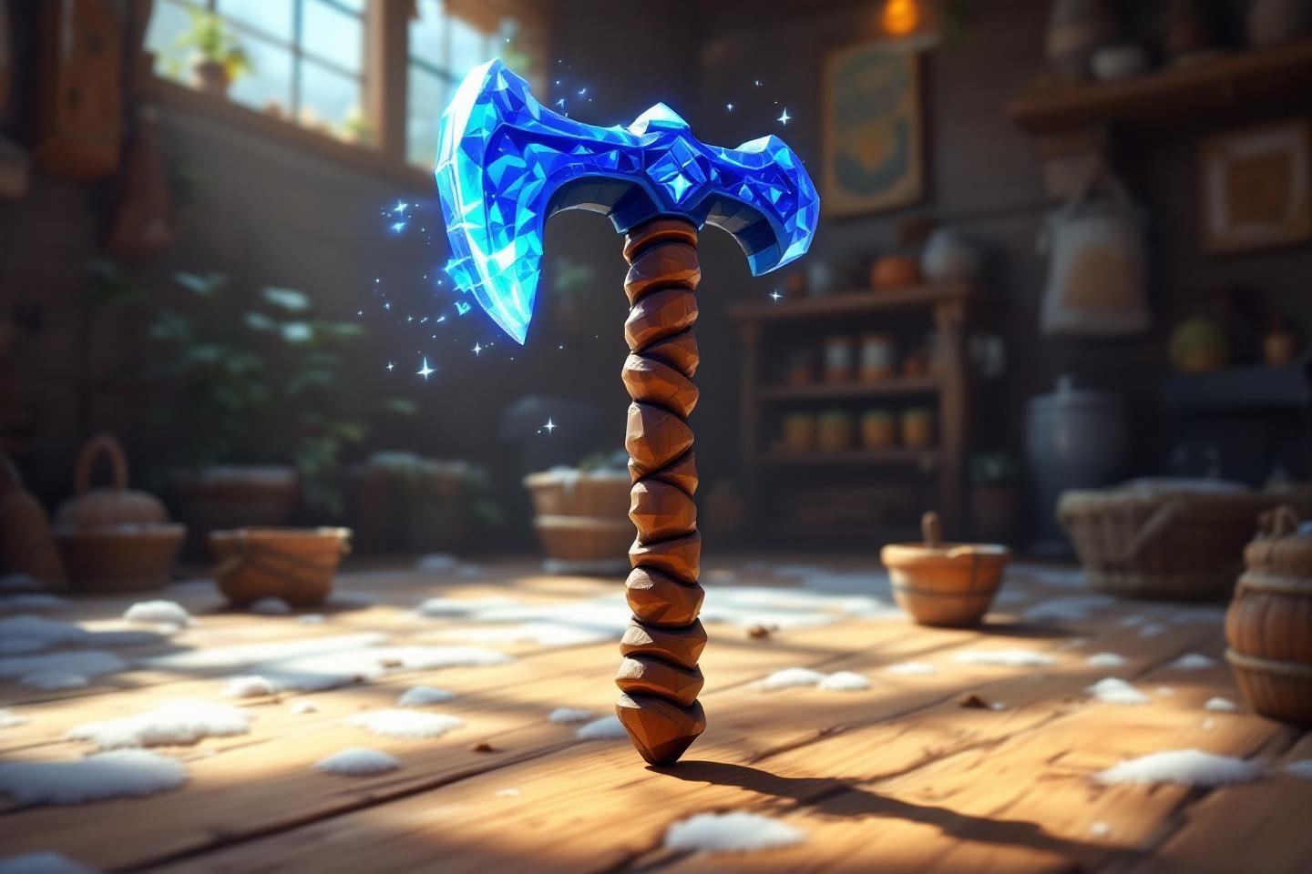 Hache fantastique brillante bleue avec manche torsadé sur sol en bois