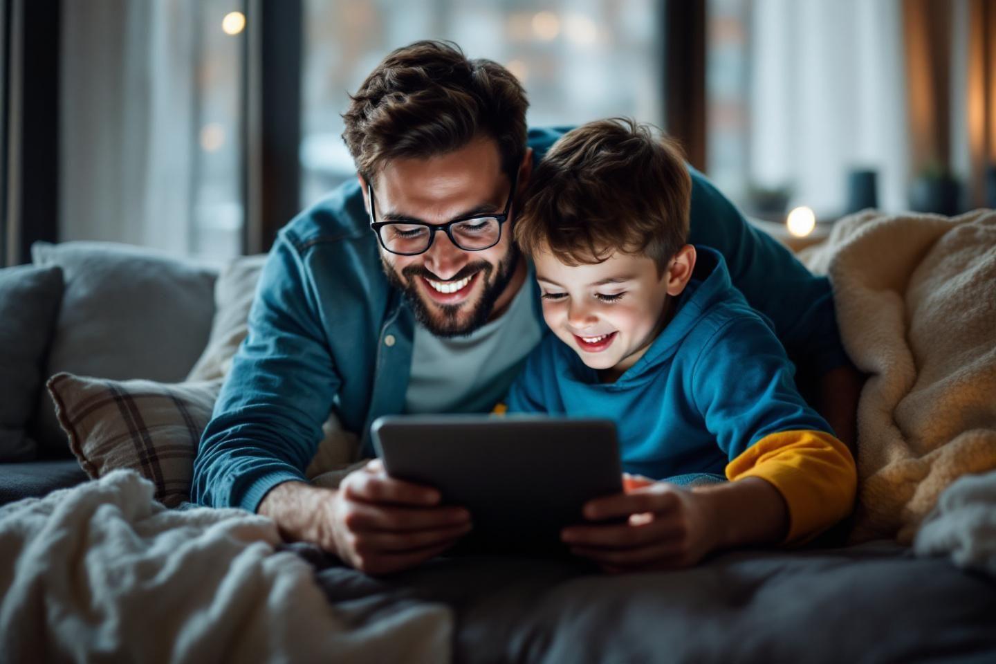 Un p&egrave;re et son fils sourient en regardant une tablette ensemble