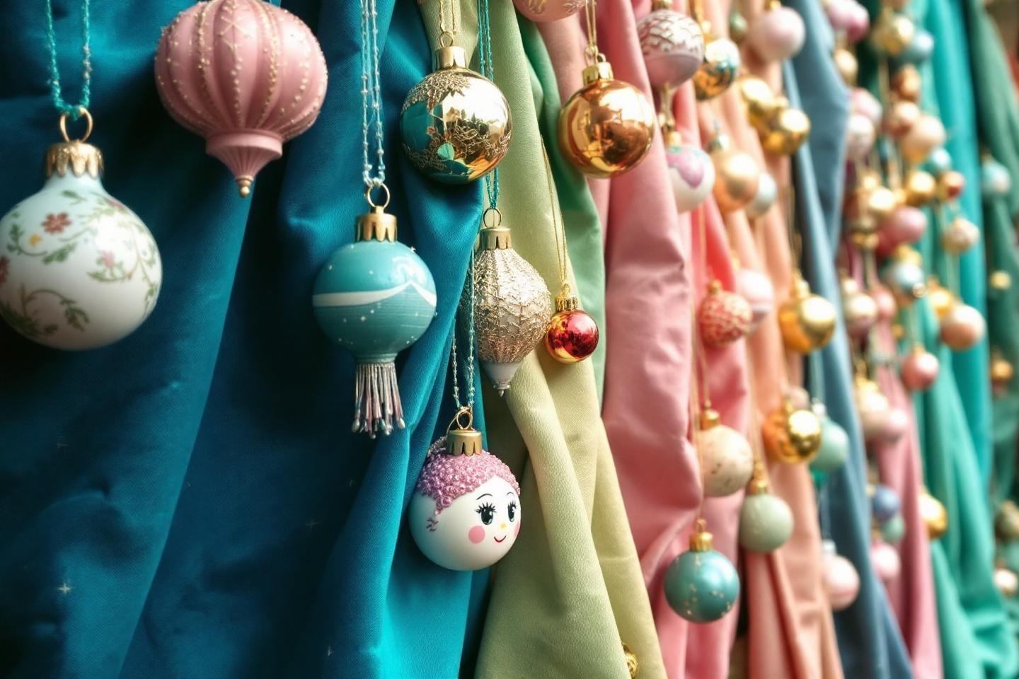 Décorations de Noël multicolores accrochées à des tissus drapés
