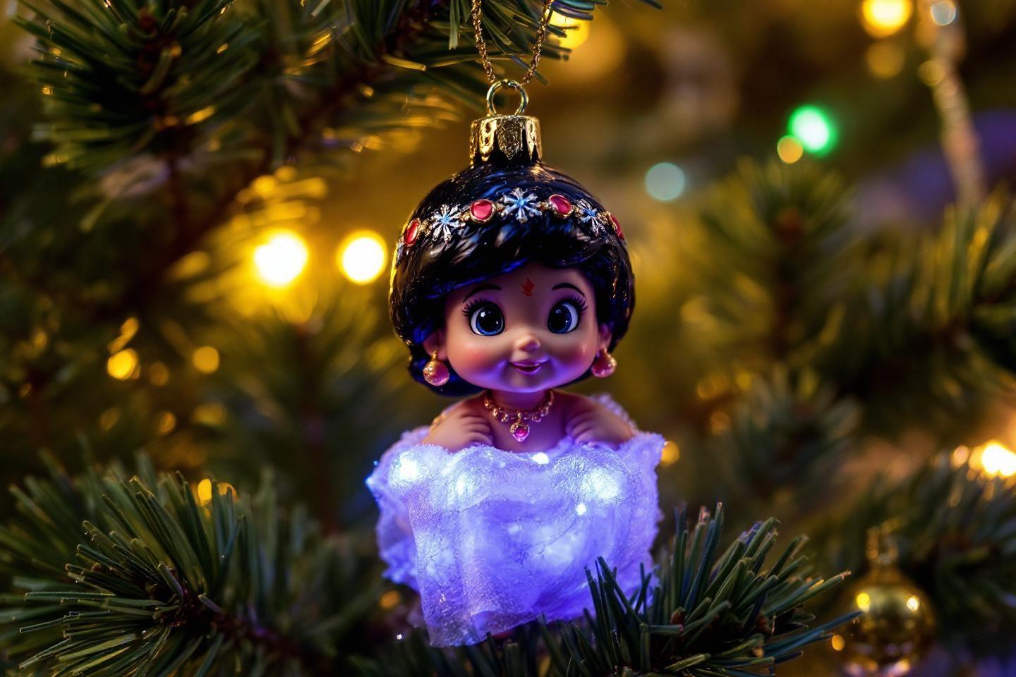 Ornement de Noël en forme de poupée brillante sur branche