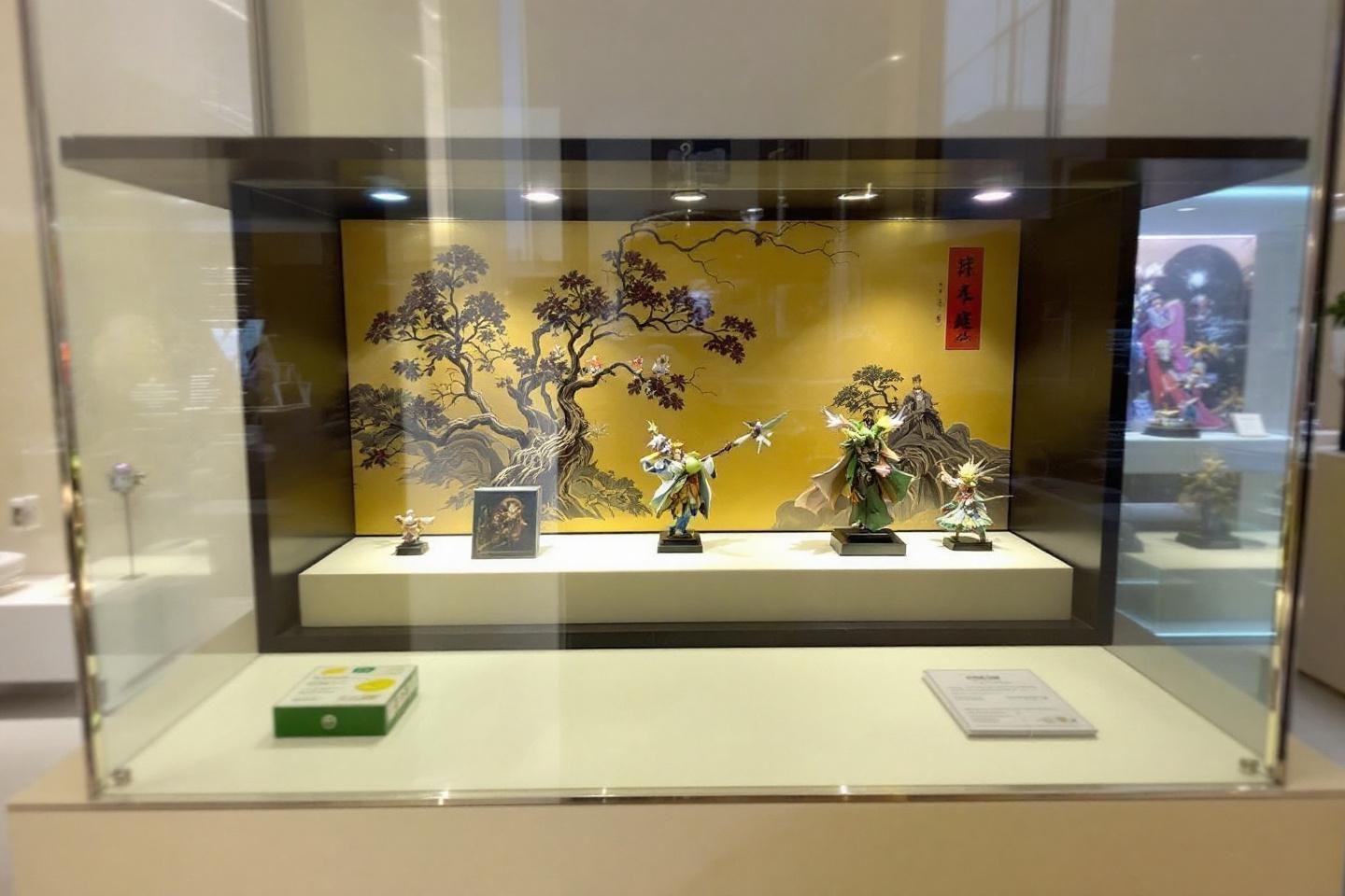 Statuettes fantastiques sur fond jaune dans un écrin de verre