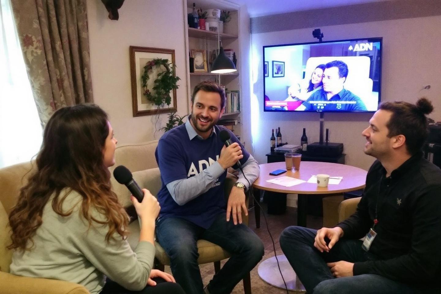 Trois personnes en studio avec microphones et écran ADN