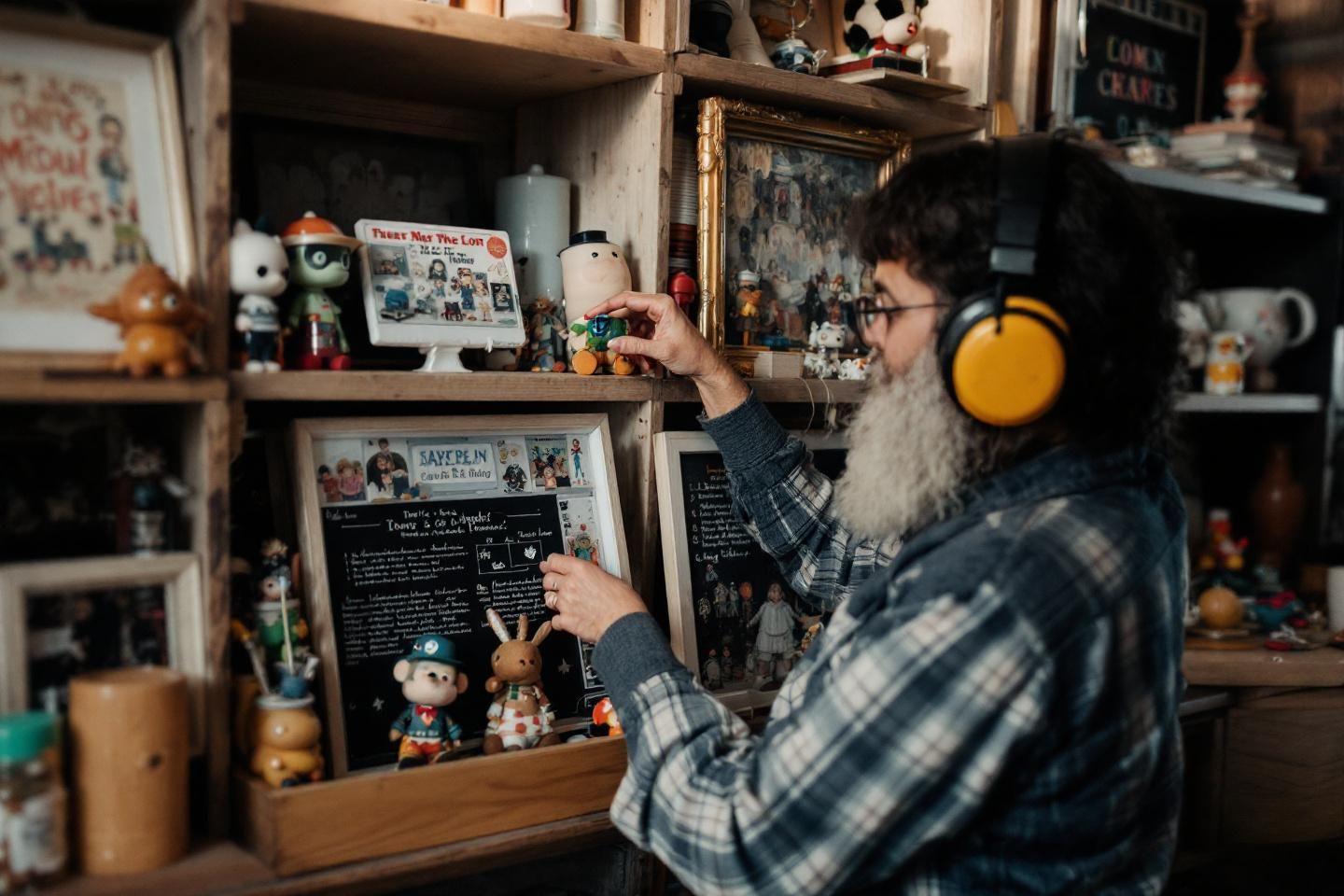 Homme barbu arrangeant des figurines sur des étagères en bois