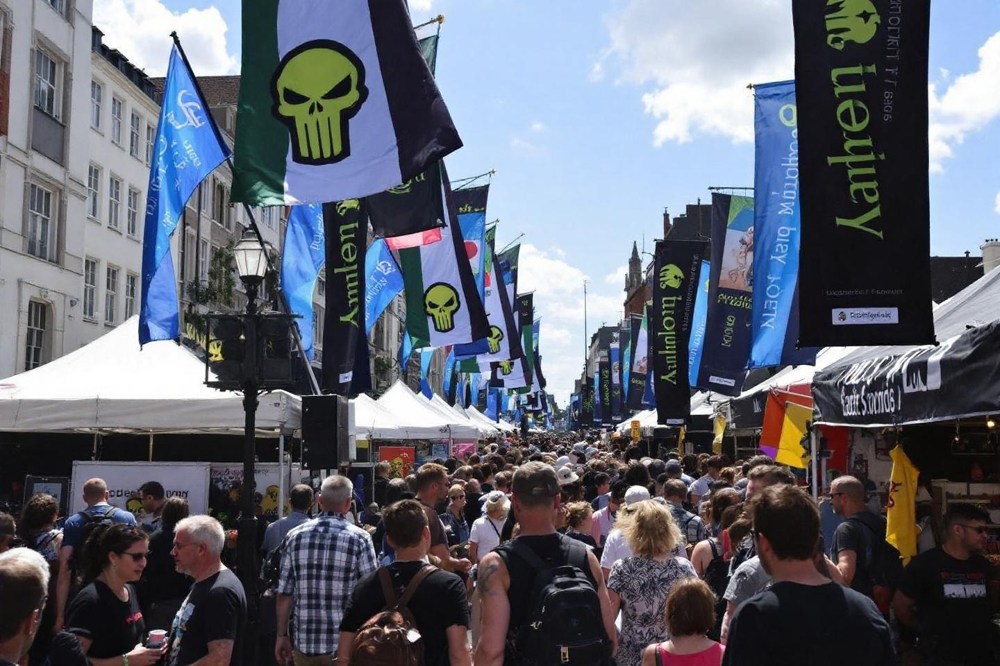 Foule dense sous des drapeaux dans une rue animée